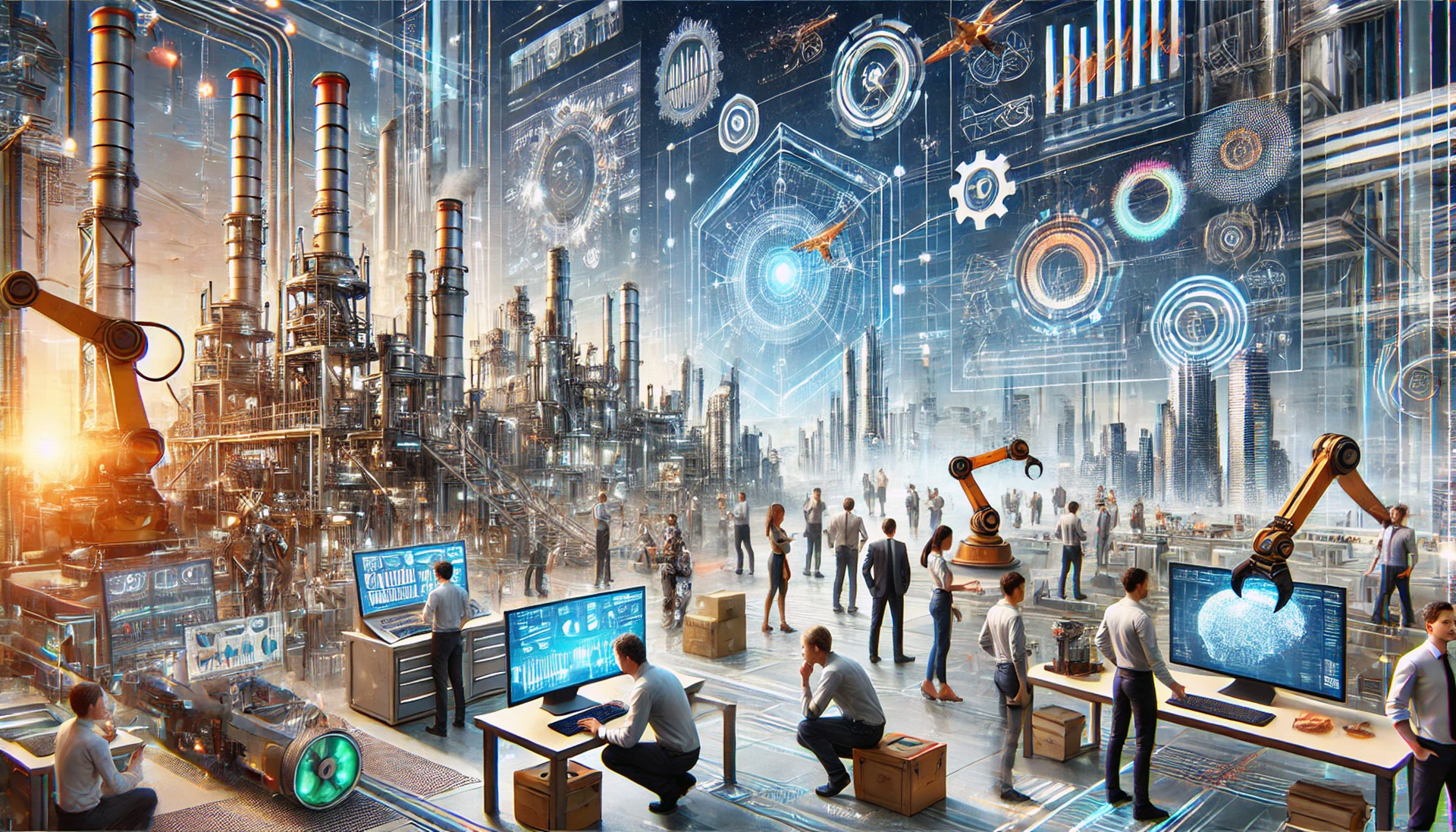 A team of engineers and strategists collaborating around a blueprint.
