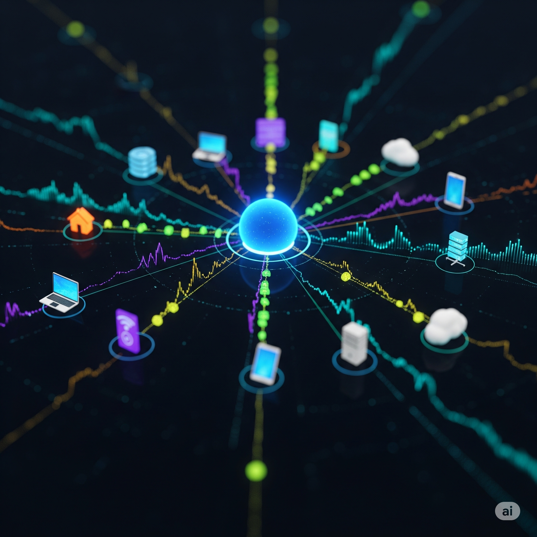 An animated network graph showing interconnected devices.